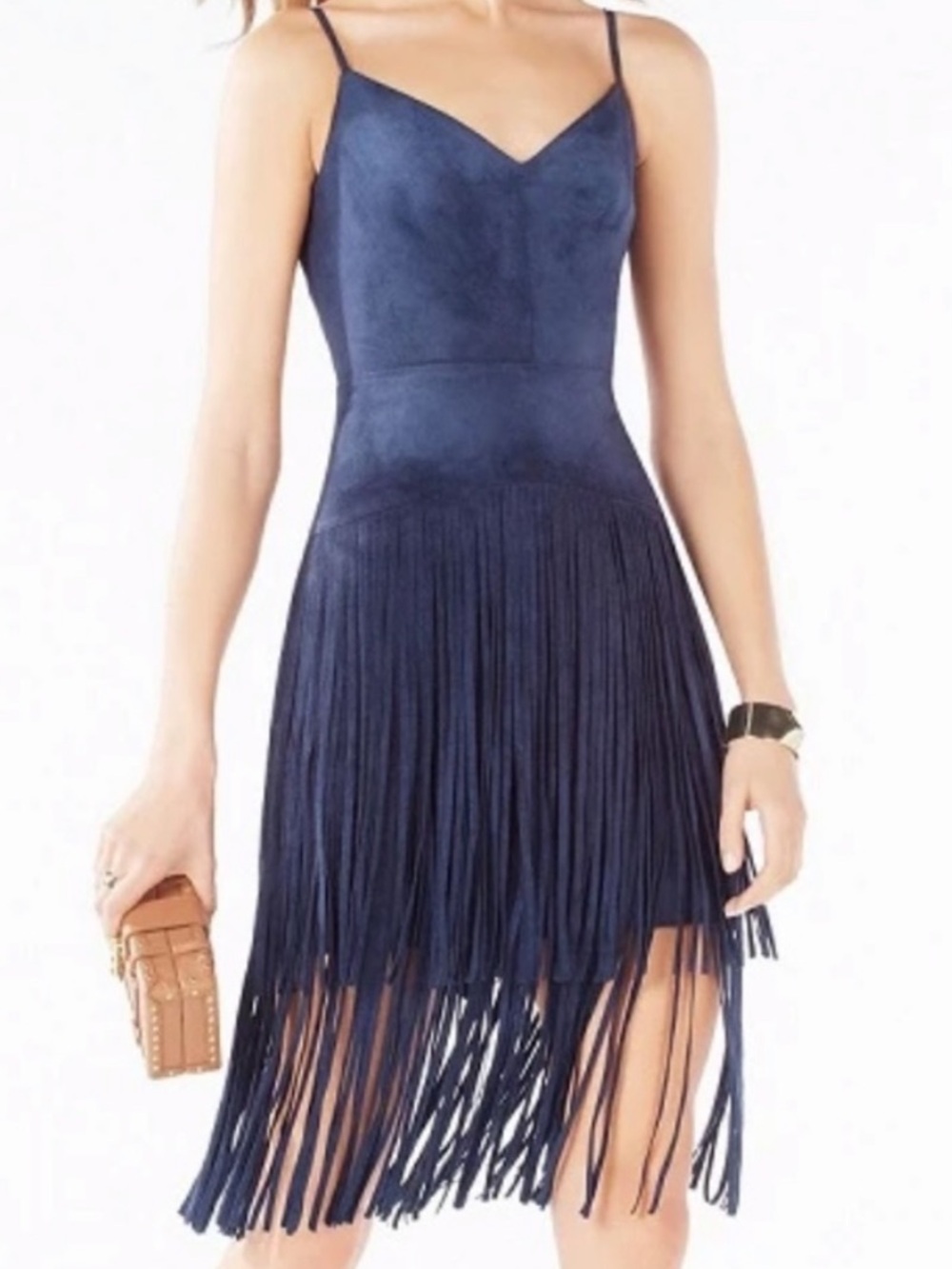 BCBG Dark Blue Fringe ultra -suede Spaghetti-Strap Dress